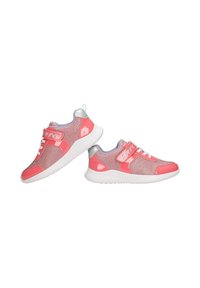 Rosa und silberne Sportschuhe mit strukturiertem Obermaterial, Klettverschluss und gepolsterter Sohle sowie einer Schlaufe an der Ferse zum einfachen Anziehen.
