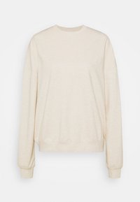 Sudadera beige clara con cuello redondo, mangas largas y puños acanalados; hecha de una suave tela texturizada con un ajuste relajado.
