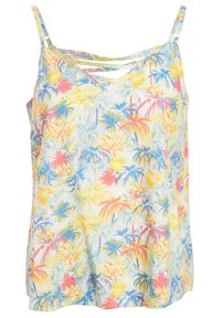 Débardeur à bretelles fines avec motif floral. Tissu léger orné d'un motif coloré de palmiers en nuances de bleu, rose et jaune. Col en V.