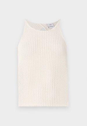 Weißes Netz-Tanktop mit rundem Ausschnitt und Schlüssellochdetails im Rücken. Strukturierter Stoff mit lockerer Passform.
