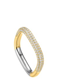 Gold and silver ring featuring a curved design, encrusted with clear rhinestones along the top half. Smooth metallic finish.