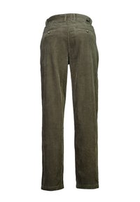 Olijfgroene corduroybroek met verticale ribbels, een rechte pasvorm en twee achterzakken met metalen knopen.
