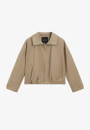 Beige cropped jakke med bred krave, frontlynlås, lange ærmer og to frontlommer med slids.