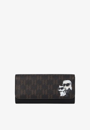 Dark brown patterned wallet with a cartoon figure of a man and a cat both wearing sunglasses on the lower right corner.