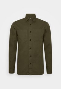 Olivgrünes langärmliges Hemd aus Baumwolle, mit zwei Brusttaschen, einer Knopfleiste vorne und einem klassischen Kragen.