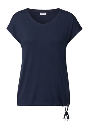 Navy blue short-sleeve T-shirt made of soft fabric, featuring a scoop neckline and adjustable drawstring at the hem.