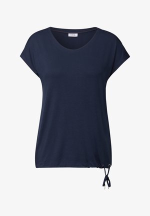 T-paita lyhyillä hihoilla, tummansininen, pehmeää kangasta, jossa on pyöreä kaula-aukko ja säädettävä nauha helmassa.