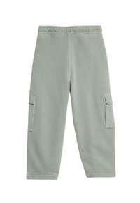 Světlé zelené cargo kalhoty s elastickým pasem, bočními kapsami a měkkou, texturovanou látkou. Design je rovný a volný střih.