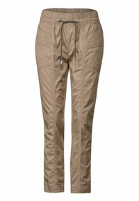 Pantalones beige con cordón confeccionados en tejido ligero. Presentan dos bolsillos laterales y costuras decorativas. Diseño de pierna ajustada con cintura elástica.