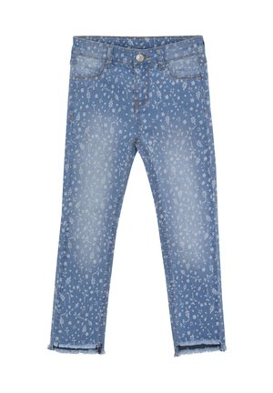Blauwe denim jeans met kleine witte bloemenprint, vijf zakken, knoopsluiting en rafelige zoom op enkellengte.
