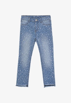 Jean en denim bleu avec petit imprimé floral blanc, cinq poches, fermeture par bouton et ourlets effilochés à la longueur cheville.