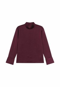 Bordowy top z długim rękawem i wysokim kołnierzem, charakteryzujący się prostym krojem i szerokimi mankietami. Gładka tekstura z minimalistycznym wzornictwem i bez widocznych wzorów.