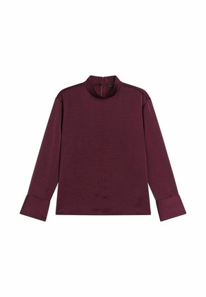 Bordowy top z długim rękawem i wysokim kołnierzem, charakteryzujący się prostym krojem i szerokimi mankietami. Gładka tekstura z minimalistycznym wzornictwem i bez widocznych wzorów.