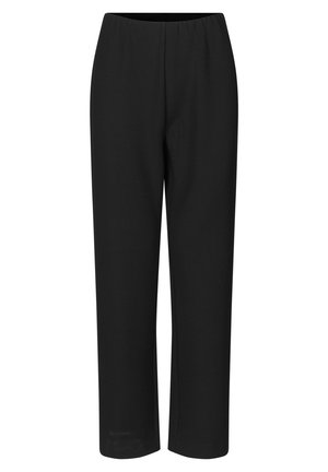 Zwarte elastische taillebandbroeken met een relaxte pasvorm, gemaakt van zachte stof, met een rechte pijpdesign en zonder zichtbare patronen of hardware.