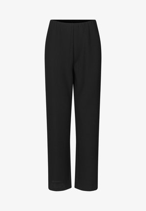 Pantaloni neri con cintura elastica, dal fit rilassato, realizzati in materiale morbido, caratterizzati da un design a gamba dritta e senza pattern o hardware visibili.