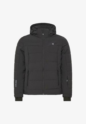 Černá péřová bunda na zip vpředu, s nastavitelnou kapucí, bočními kapsami na zip, elastickými lemy na rukávech a logem na hrudi a rukávu. Jemná textura.