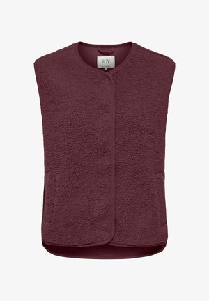 Veste sans manches en polaire, boutonnée, de couleur bordeaux profond, avec un col arrondi et deux poches latérales.