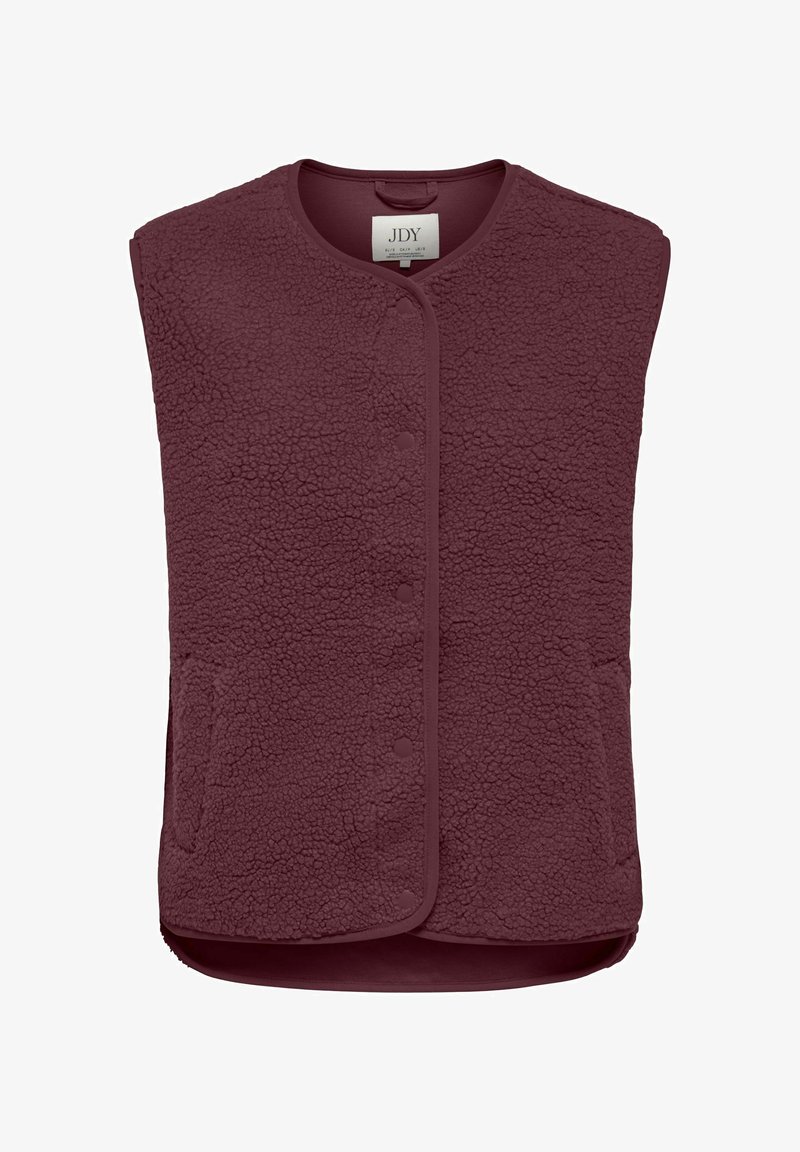 Veste sans manches en polaire, boutonnée, de couleur bordeaux profond, avec un col arrondi et deux poches latérales.