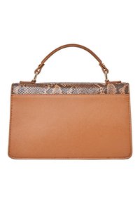 Borsa a mano in finta pelle beige con finitura texturizzata, dotata di una parte superiore con stampa rettile, un manico sottile e una forma rettangolare strutturata.