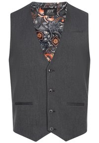 Gilet gris avec un décolleté en V, cinq boutons et une poche. Doublure à motif floral dans des teintes d'orange et de noir. Tissu texturé.