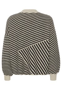 Pull rayé noir et écru, avec des motifs horizontaux et diagonaux, des poignets côtelés, et une coupe décontractée avec un col rond.