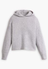 Light gray ribbed sweater with a loose fit, long sleeves, and a hood. Features a textured fabric and a cropped length.