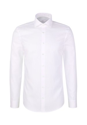 Witte lange mouw blouse gemaakt van gladde katoen. Heeft een standaard kraag en een knoopsluiting aan de voorkant met lichtgroene knopen.