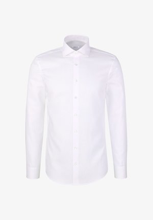 White long-sleeve dress shirt made of smooth cotton fabric. Features a standard collar and a button-down front with light green buttons.