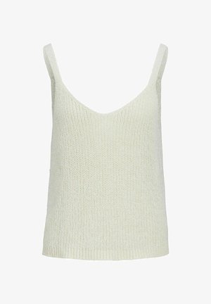 Top sin mangas de punto verde claro con un escote en V profundo y tirantes finos, que presenta una textura suave y un corte holgado.