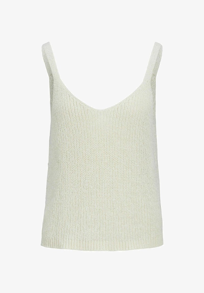 Top sin mangas de punto verde claro con un escote en V profundo y tirantes finos, que presenta una textura suave y un corte holgado.