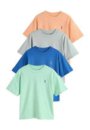 Four short-sleeve cotton t-shirts in orange, gray, blue, and mint green, featuring a small embroidered logo on the chest.