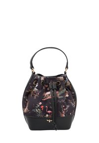 Sac seau avec un motif floral sur tissu, base en cuir noir et quincaillerie dorée. Comprend un cordon de serrage et une anse.