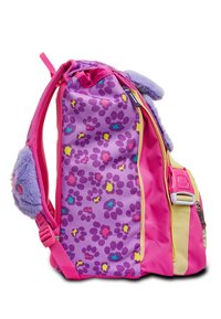 Zaino viola e rosa realizzato in un materiale testurizzato e soffice. Presenta un motivo con impronte di zampe, dettagli gialli e una tasca con zip.