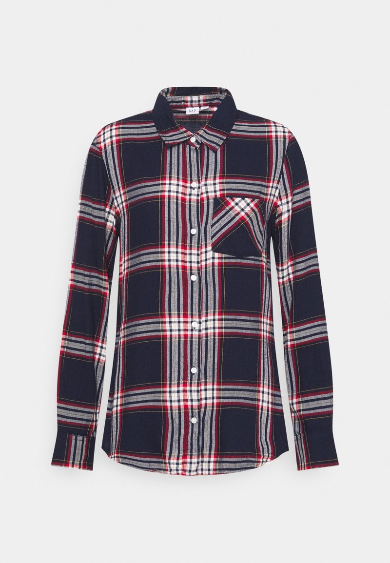 Chemise à carreaux bleu marine, blanc, rouge et gris à manches longues avec boutons, une poche poitrine unique et un col classique.