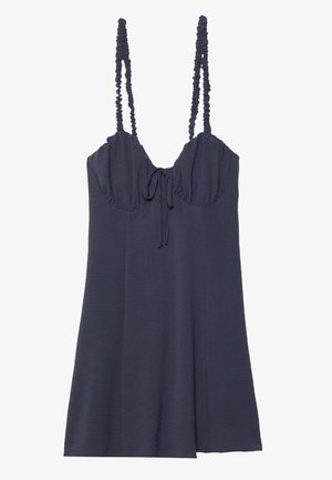 Navynblaues Kleid mit Raffung an der Brust und verstellbaren, gerafften Trägern. Es hat eine Bindung in der Mitte vorne und besteht aus weichem Stoff.