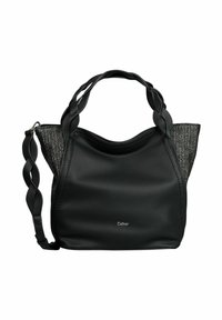 Sac cabas en cuir noir avec côtés en maille tissée, double poignée et bandoulière amovible. Présente une texture lisse et un détail de logo subtil.
