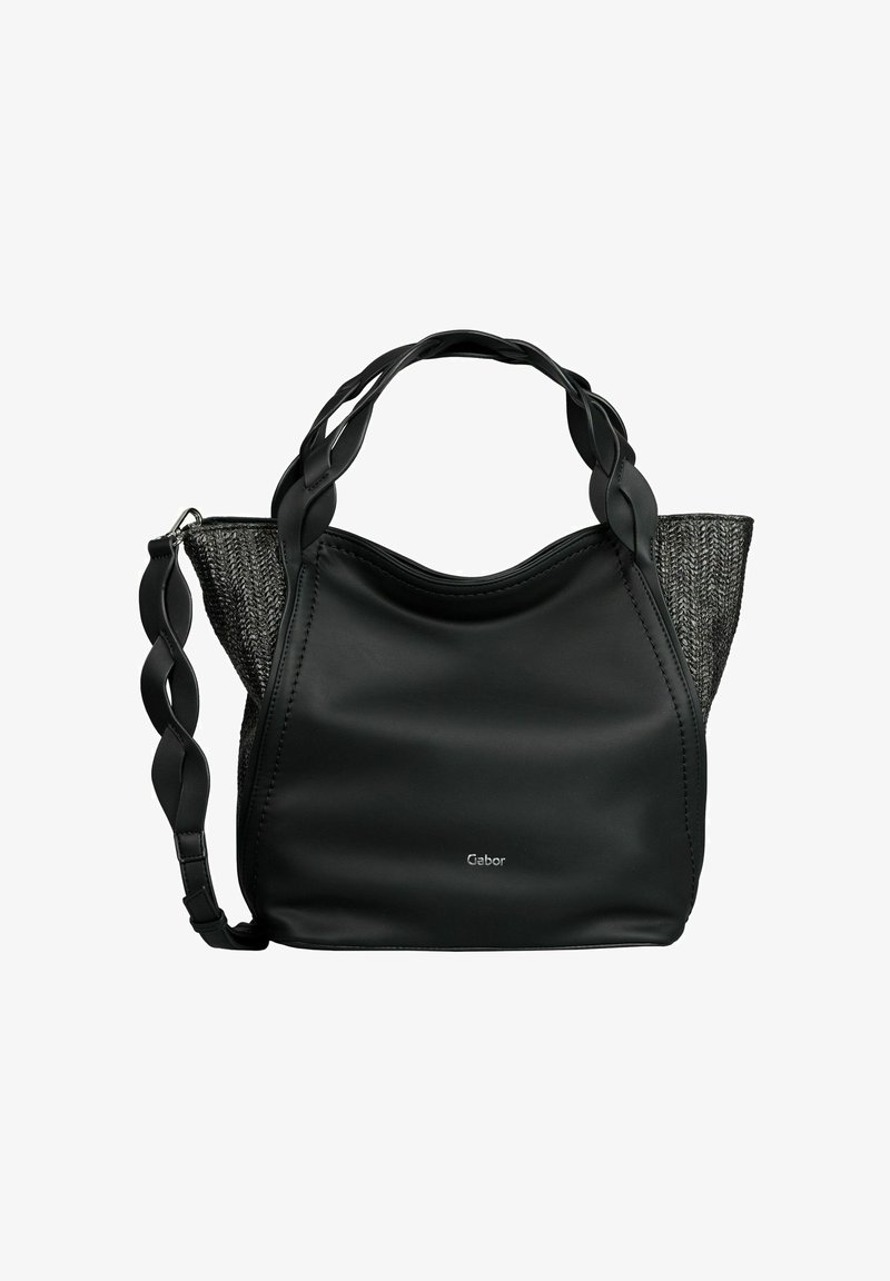 Sac cabas en cuir noir avec côtés en maille tissée, double poignée et bandoulière amovible. Présente une texture lisse et un détail de logo subtil.