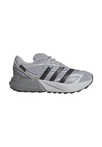 Gray athletic shoe with layered mesh and suede upper, black and lavender accents, Lightstrike midsole, textured rubber outsole.