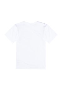 T-shirt bianco in cotone con maniche corte, collo a giro e una texture liscia; la vista posteriore non presenta grafiche o motivi.