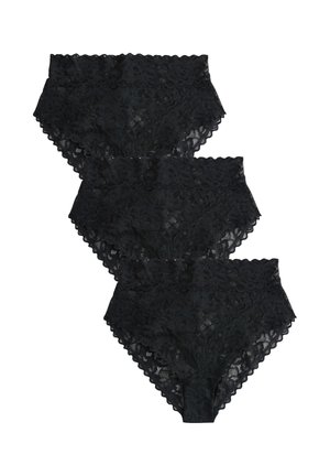 Tri čierne čipkované nohavičky s vysokým pásom s kvetinovými vzormi, usporiadané prekrývajúce sa na bielom pozadí.
