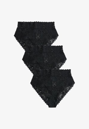 Kolm musta kõrge vöökohaga pitsist pesupüksid lillemustritega, paigutatud valgel taustal kattuvate osadena.