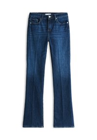 Jeans azul escuro com corte bootcut, cinco bolsos e fecho frontal com botão, dispostos planos sobre fundo branco.