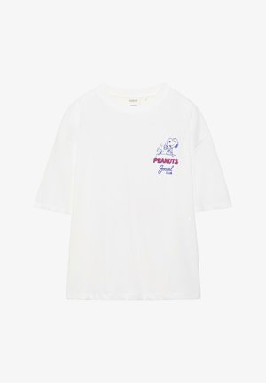 White short-sleeve t-shirt with small graphic of Snoopy and Woodstock above red and blue "Peanuts Social Club" text on chest.