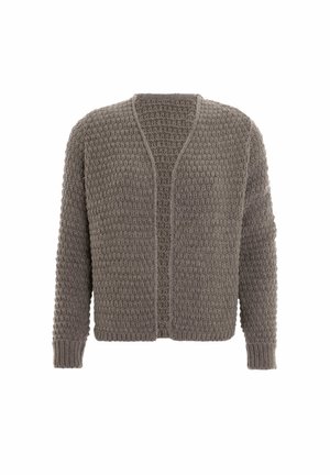 Grijze gebreide cardigan met een textuurpatroon, open voorkant en lange mouwen. Ribboorden bij de manchetten en onderkant. Lichtgewicht, oversized ontwerp.