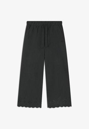 Pantaloni neri a gamba larga con vita elastica e dettagli con coulisse, caratterizzati da un orlo ondulato e motivi floreali tagliati al laser.