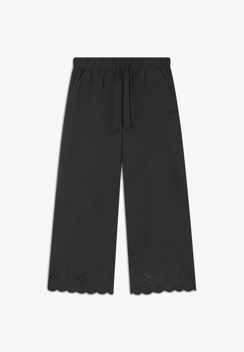 Pantaloni neri a gamba larga con vita elastica e dettagli con coulisse, caratterizzati da un orlo ondulato e motivi floreali tagliati al laser.