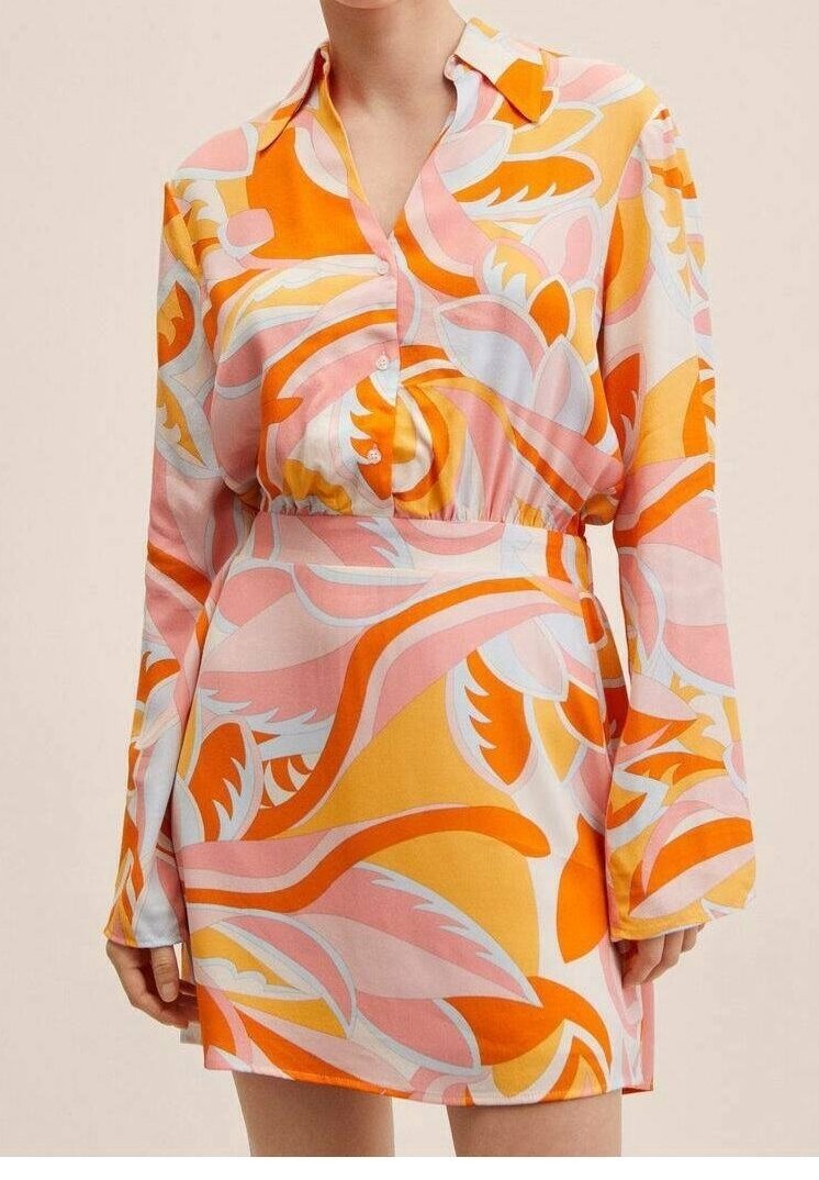 Long-sleeve dress in lightweight fabric featuring abstract patterns in pink, orange, and yellow. Buttoned front, cinched waist, and collar.