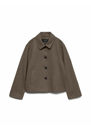 Bruine cropped jas van een wolmix met een kraag, vijf zwarte knopen en twee zijzakken. Zachte textuur met een strak, minimalistisch ontwerp.