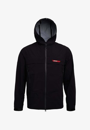 Czarna wodoodporna kurtka z kapturem, z przednim zamkiem błyskawicznym i czerwoną logo. Posiada dwa kieszenie boczne na zamek i regulowane mankiety.