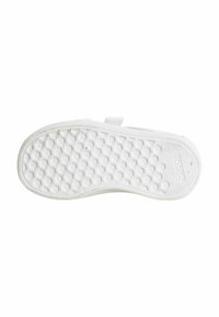 Suola di sneaker in gomma bianca con un motivo esagonale, caratterizzata da un bordo pulito e usura minima, marchiata "adidas."
